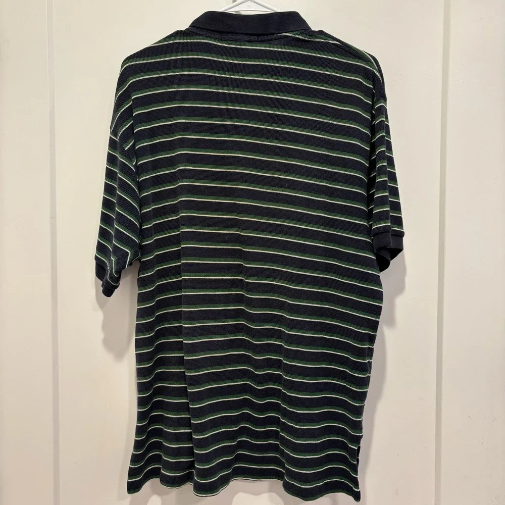 Polo‎ Ralph Lauren Mens Large Navy Blue Green Striped Short Sleeve Polo Shirt